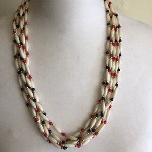 HONG KONG Red White Blue Lucite Bead 6 Strand Vintage Necklace